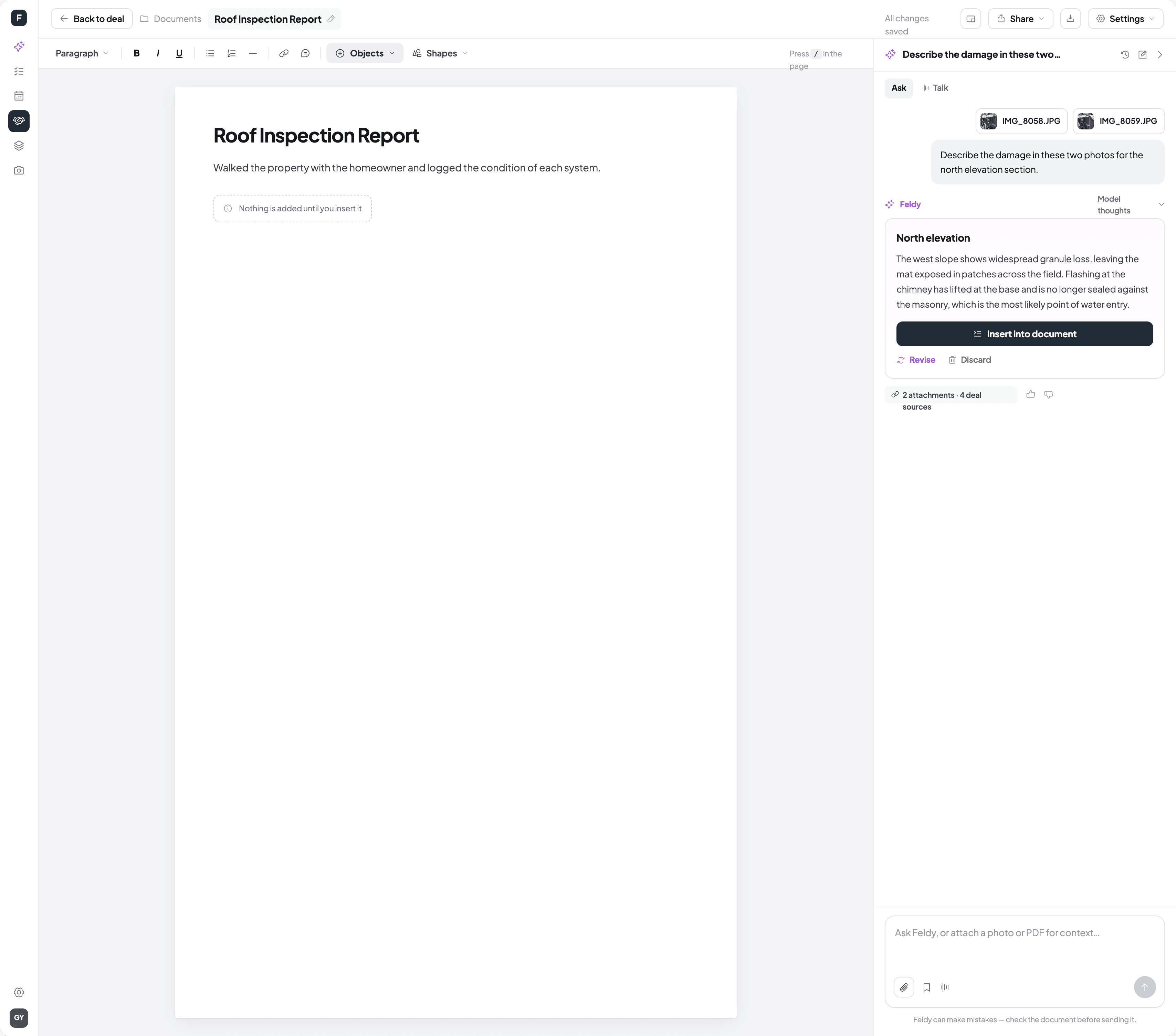 A roof inspection report beside the Feldy AI panel. An answer written from two attached photos waits in the panel with Insert into document, Revise and Discard, while the page notes that nothing is added until you insert it.