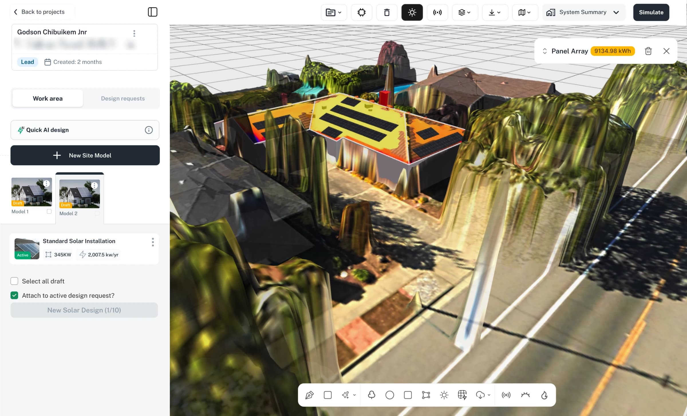 The 3D CAD Studio workspace: a 3D site model of a house with solar panel arrays on its roof, a selected Panel Array showing 9134.98 kWh, drawing tools along the bottom and a Simulate button at the top, beside a panel with the customer’s two site models and its active solar design.