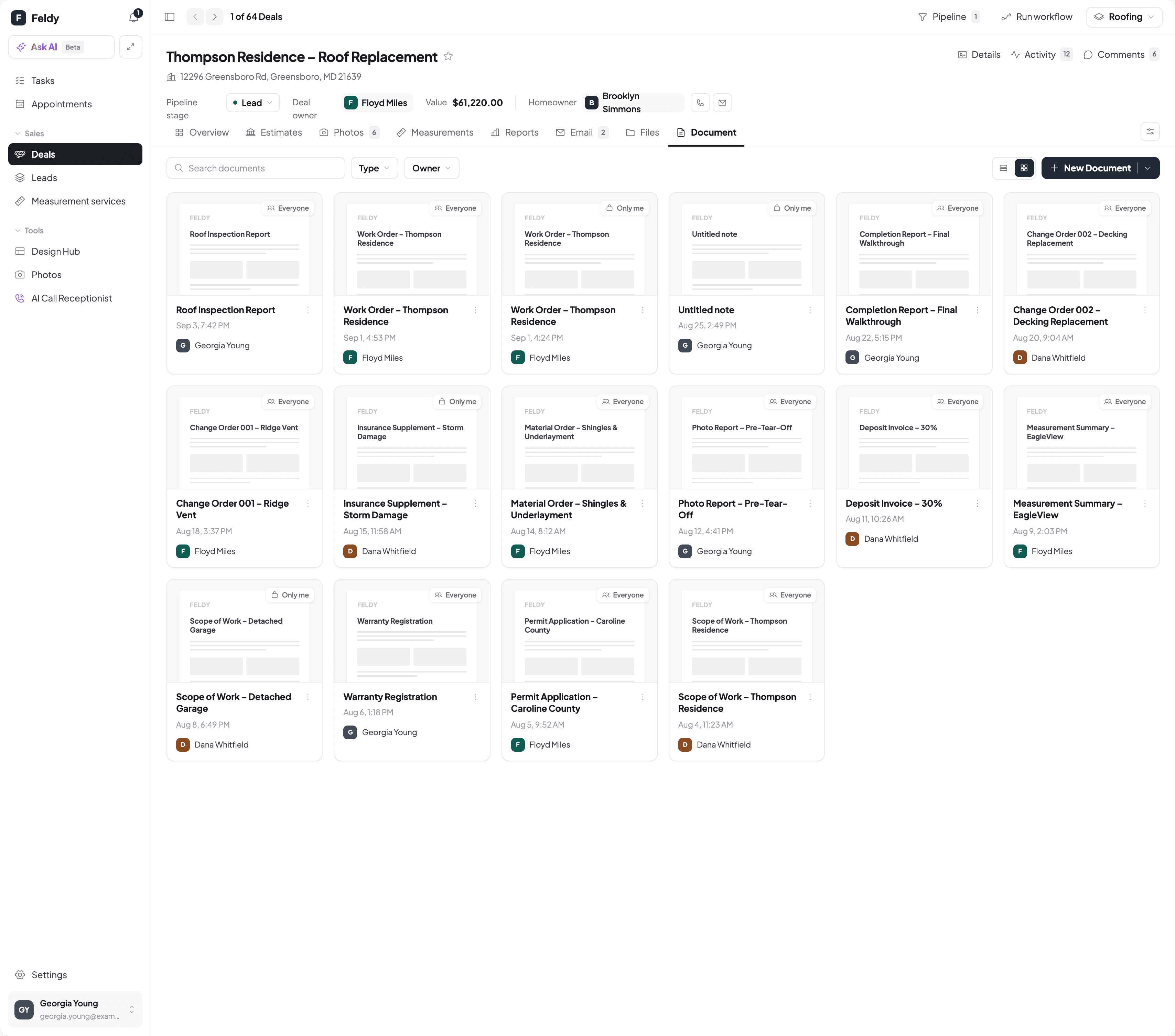 A deal’s Documents tab in grid view: reports, work orders, change orders, an invoice, a permit application and scopes of work for one roofing job, each with its author and date.