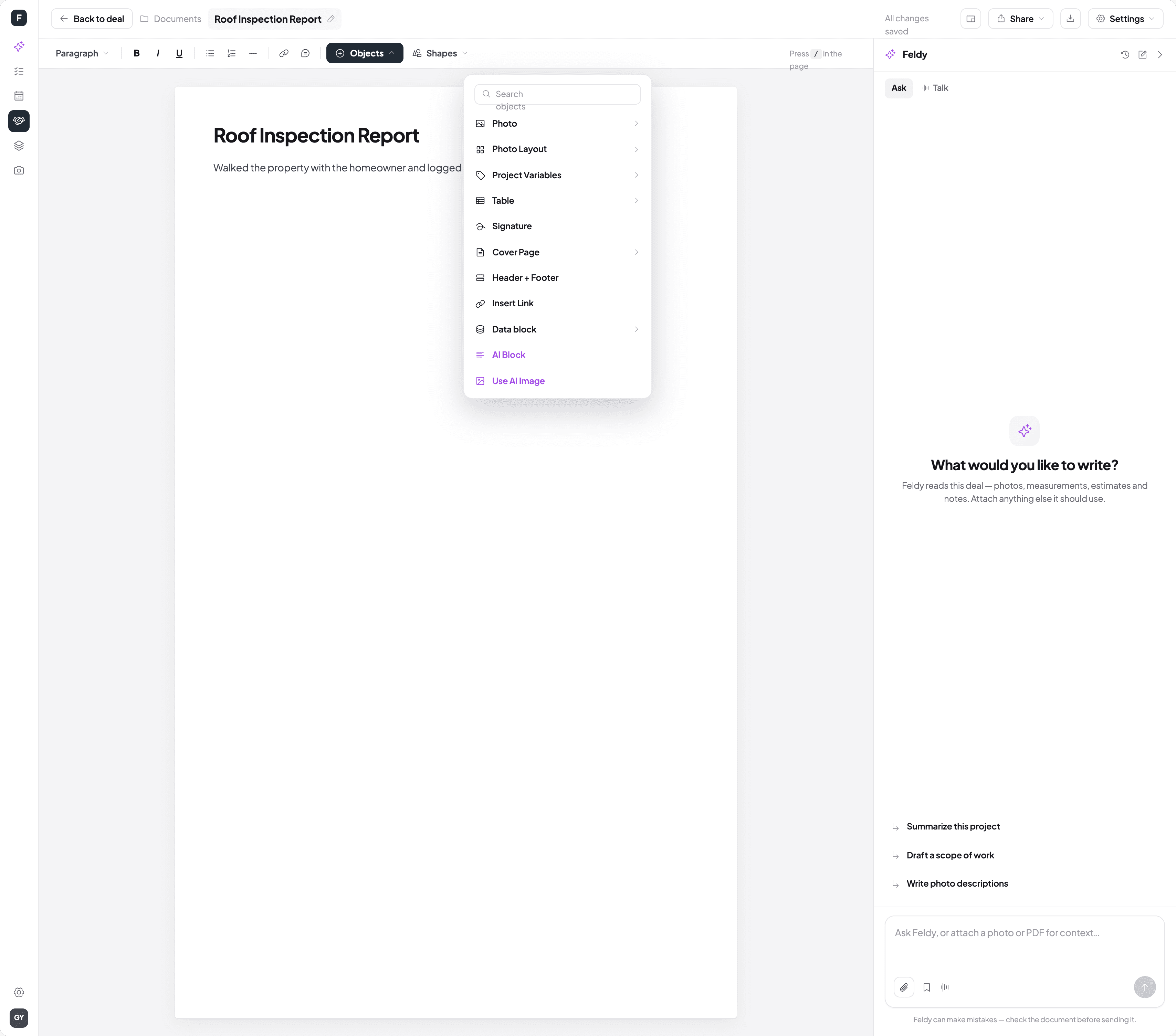 The Documents editor: a roof inspection report with the Objects menu open (Photo, Photo Layout, Project Variables, Table, Signature, Cover Page, Header + Footer, Insert Link, Data block, AI Block, Use AI Image), beside the Feldy AI panel.