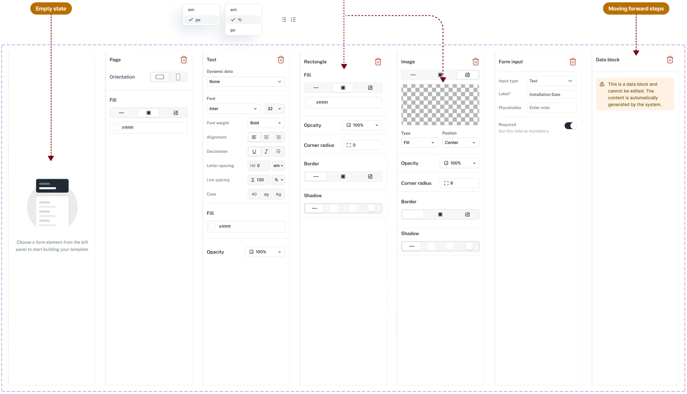Property panels side by side: an empty state, then Page, Text, Rectangle, Image, Form input and Data block, each with its own settings such as fill, font, opacity, corner radius, border and shadow; the Data block panel says it can’t be edited.