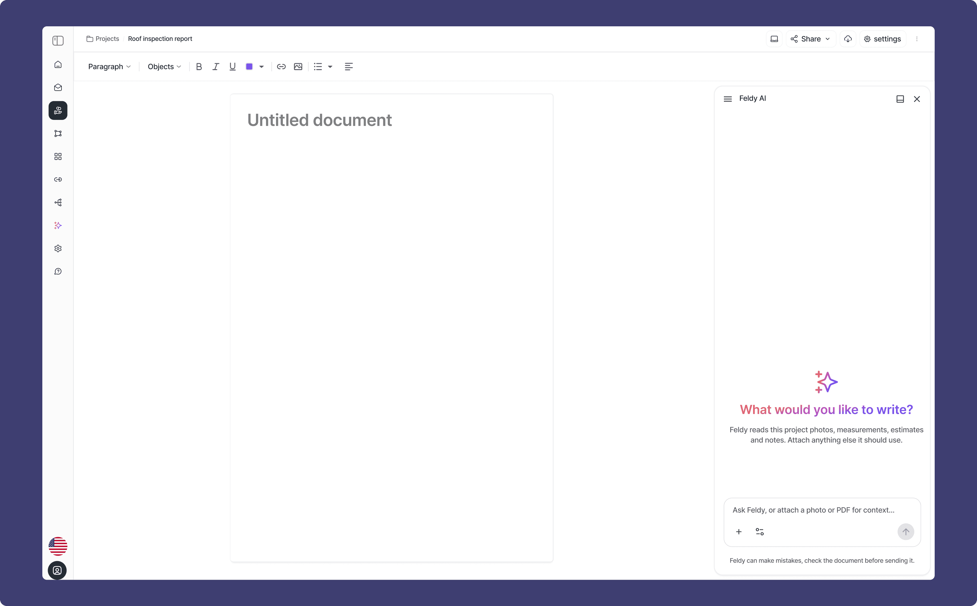 Feldy’s document editor: an untitled document beside the Feldy AI panel asking “What would you like to write?”